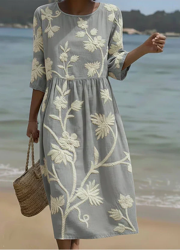 Round Neck Floral Embroidered Half Sleeve A-Line Midi Dress