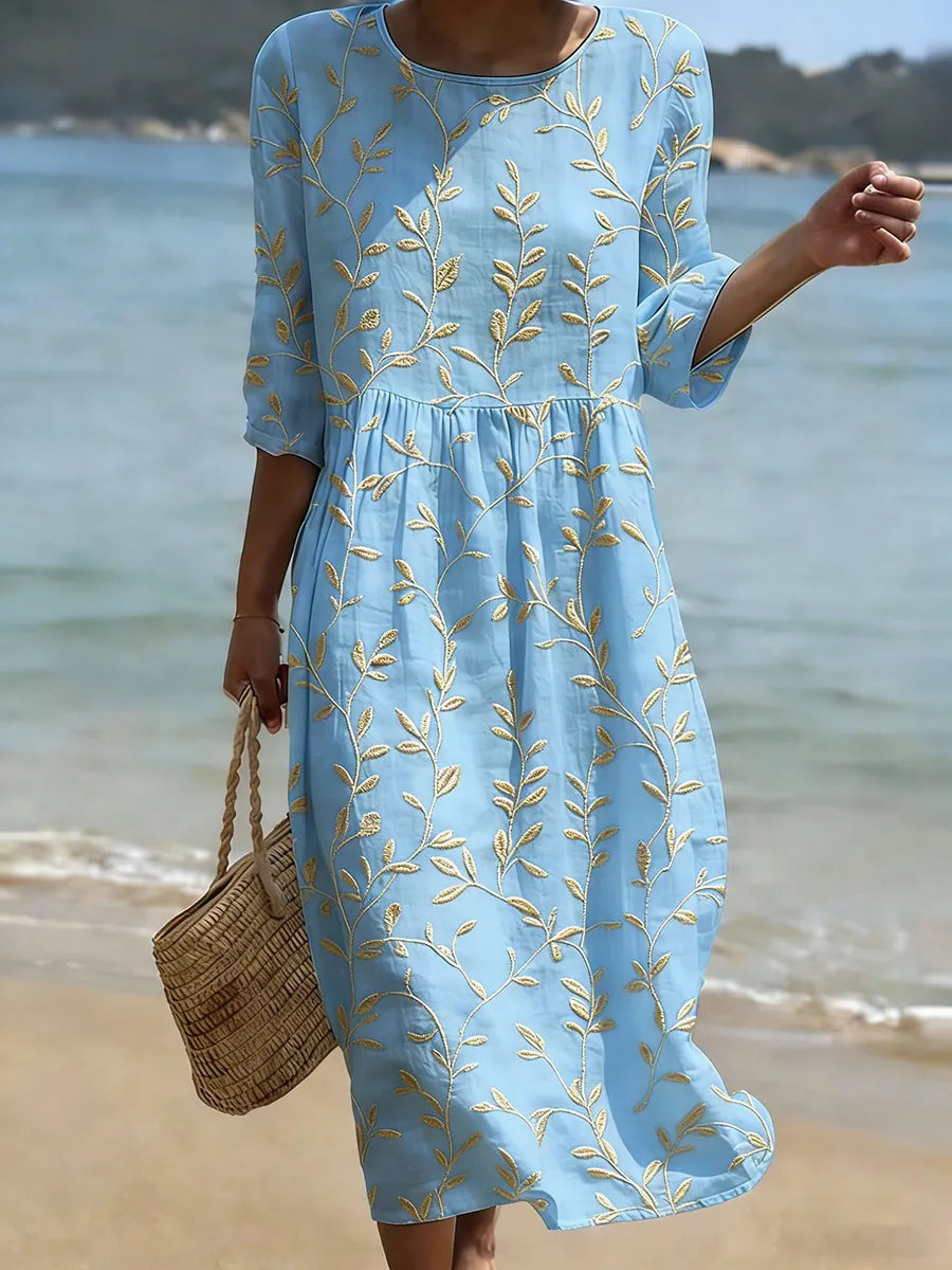 Round Neck Leaf Embroidered Half Sleeve A-Line Midi Dress