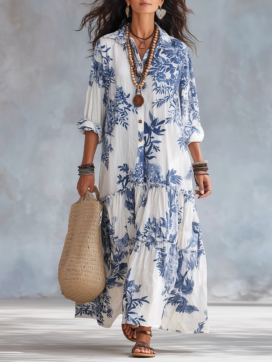 White & Blue Floral Collared Button-Front Floral Long Sleeve Tiered Maxi Dress
