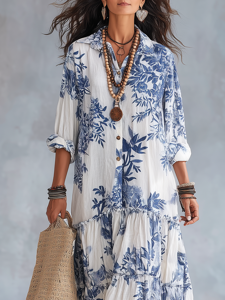 White & Blue Floral Collared Button-Front Floral Long Sleeve Tiered Maxi Dress