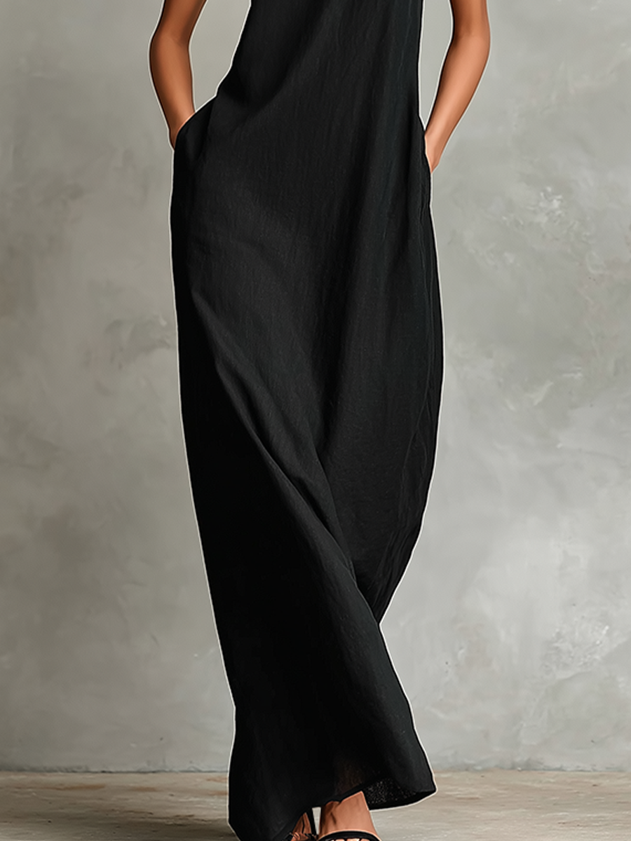 High Neck Sleeveless Pocket Loose Column Maxi Dress 4