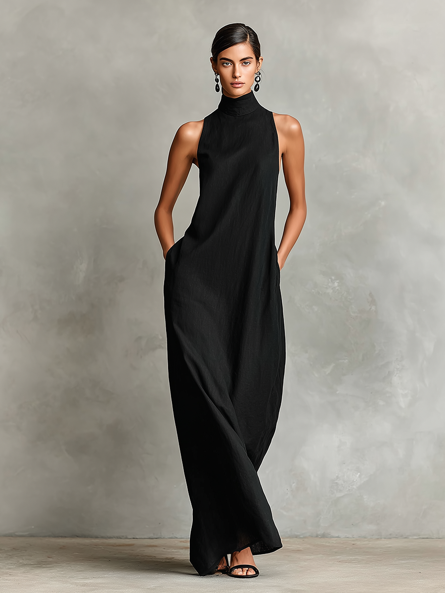 High Neck Sleeveless Pocket Loose Column Maxi Dress 5