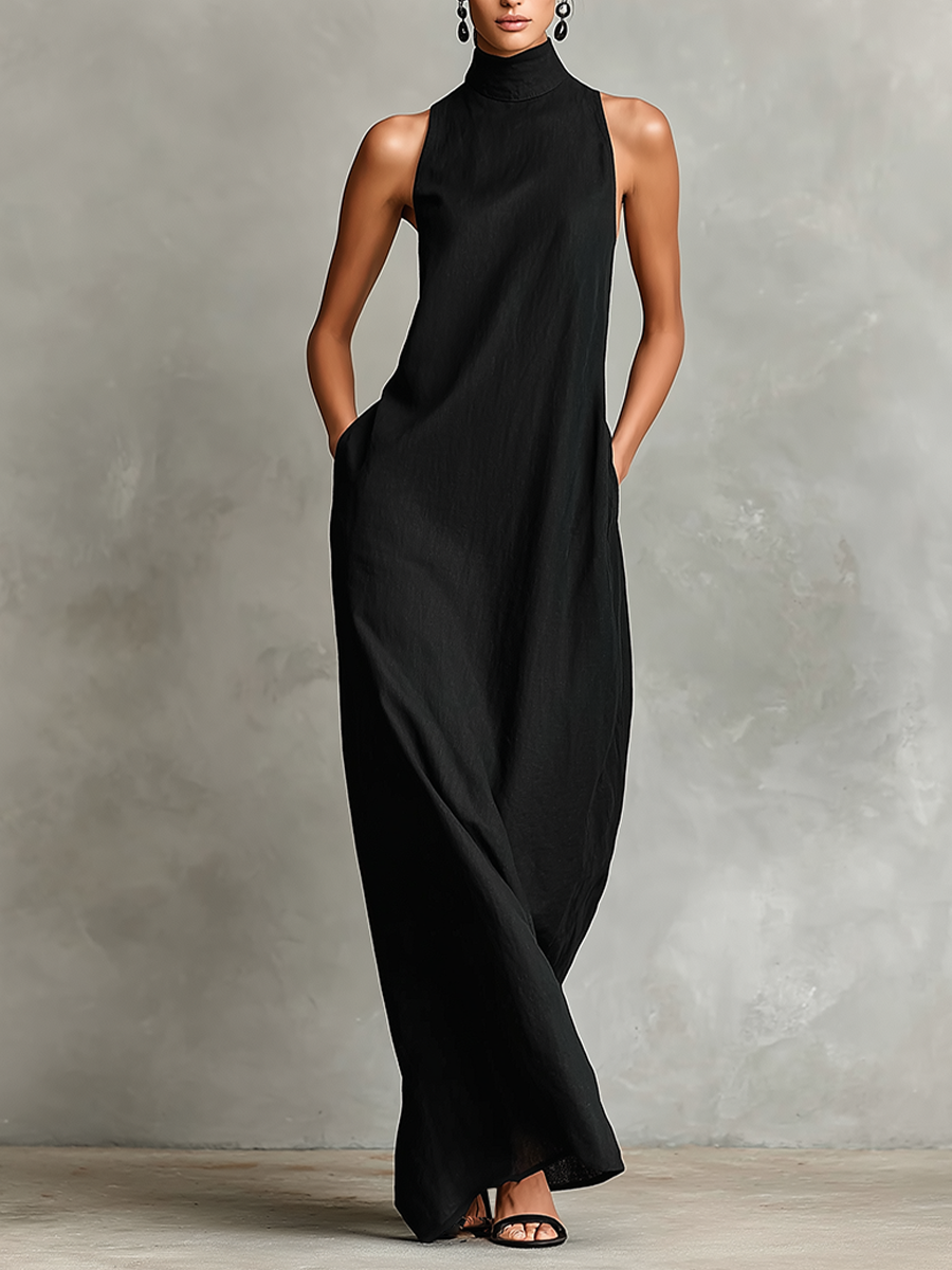High Neck Sleeveless Pocket Loose Column Maxi Dress
