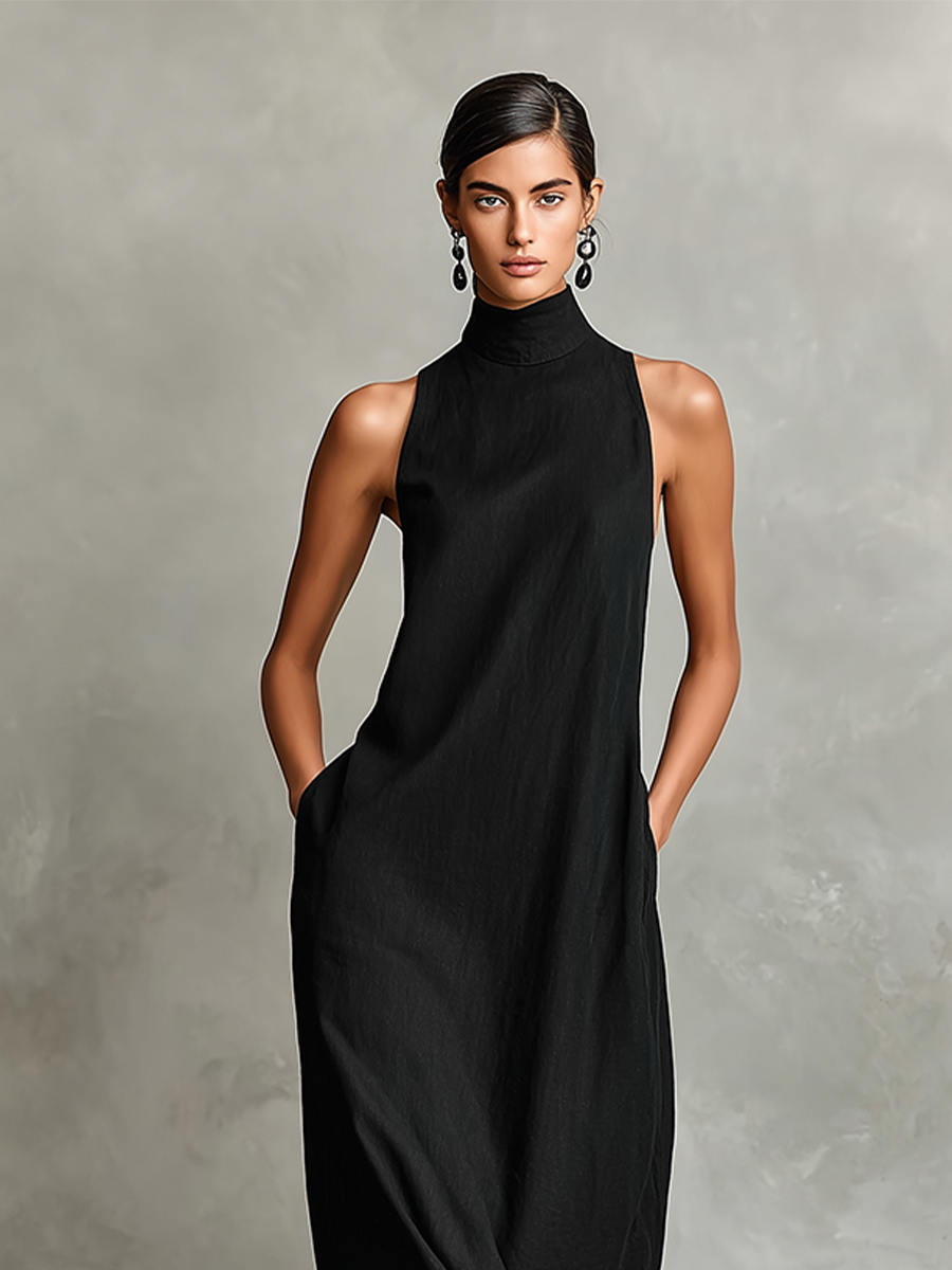 High Neck Sleeveless Pocket Loose Column Maxi Dress 2