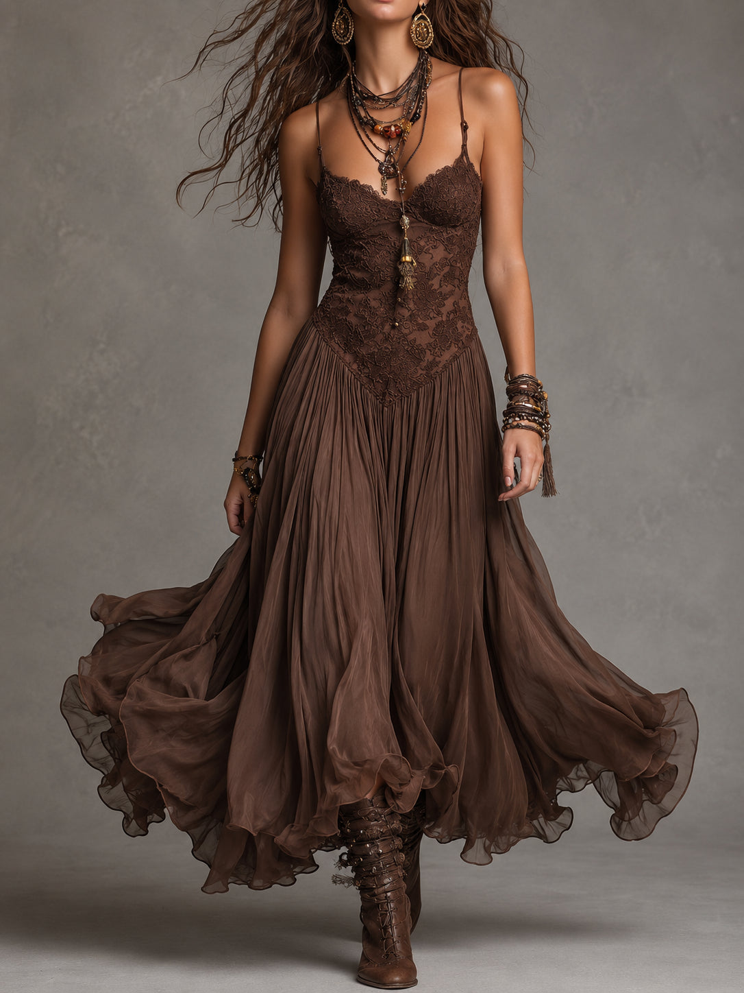 Spaghetti Strap Lace Bodice Flowy Chiffon A-Line Maxi Dress
