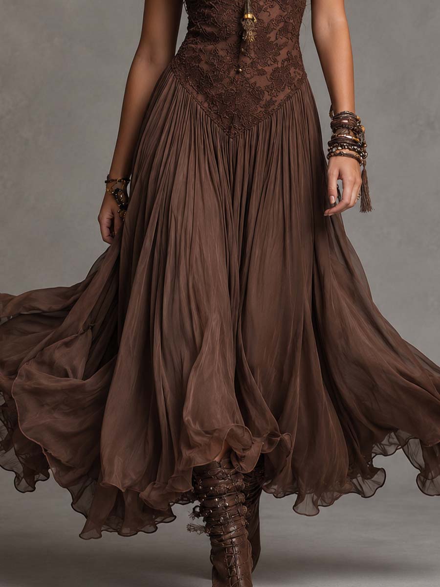 Spaghetti Strap Lace Bodice Flowy Chiffon A-Line Maxi Dress 5