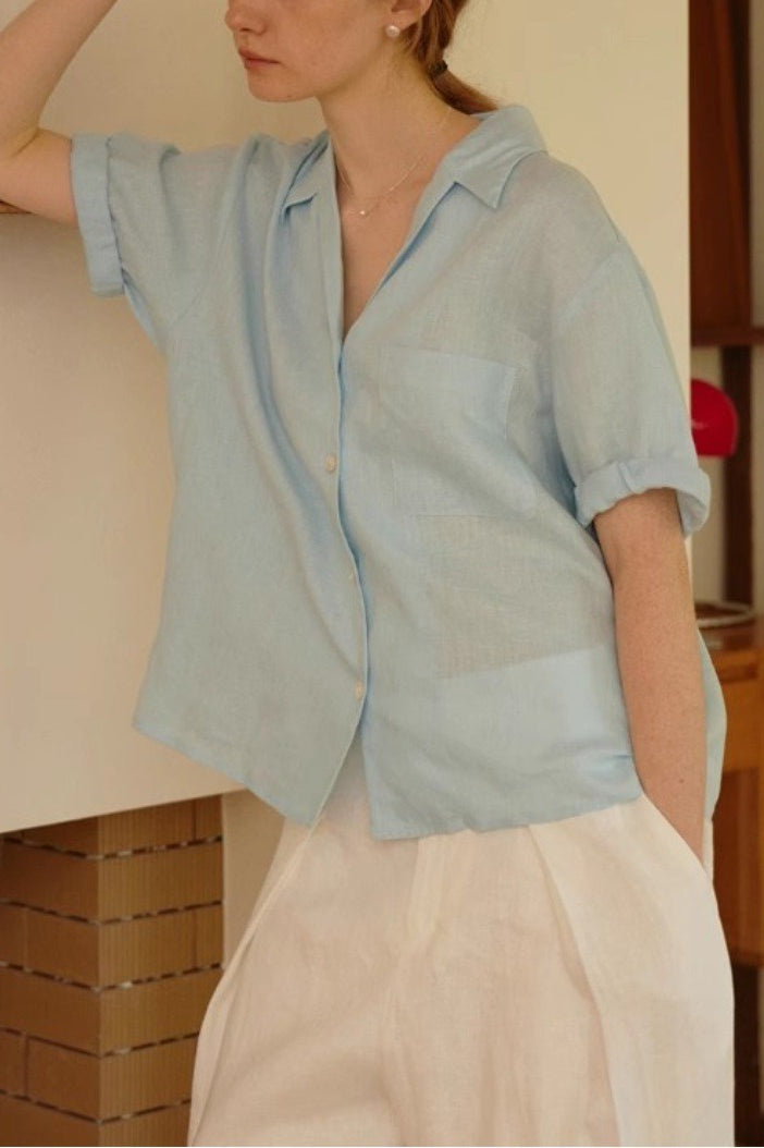 Linen French Deep V Short Blouse