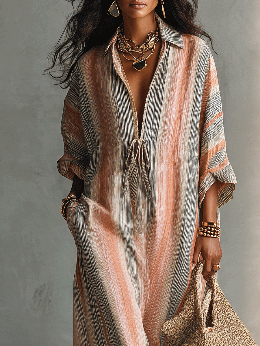 Pink Collar Striped Drawstring Waist Kaftan Maxi Dress 4