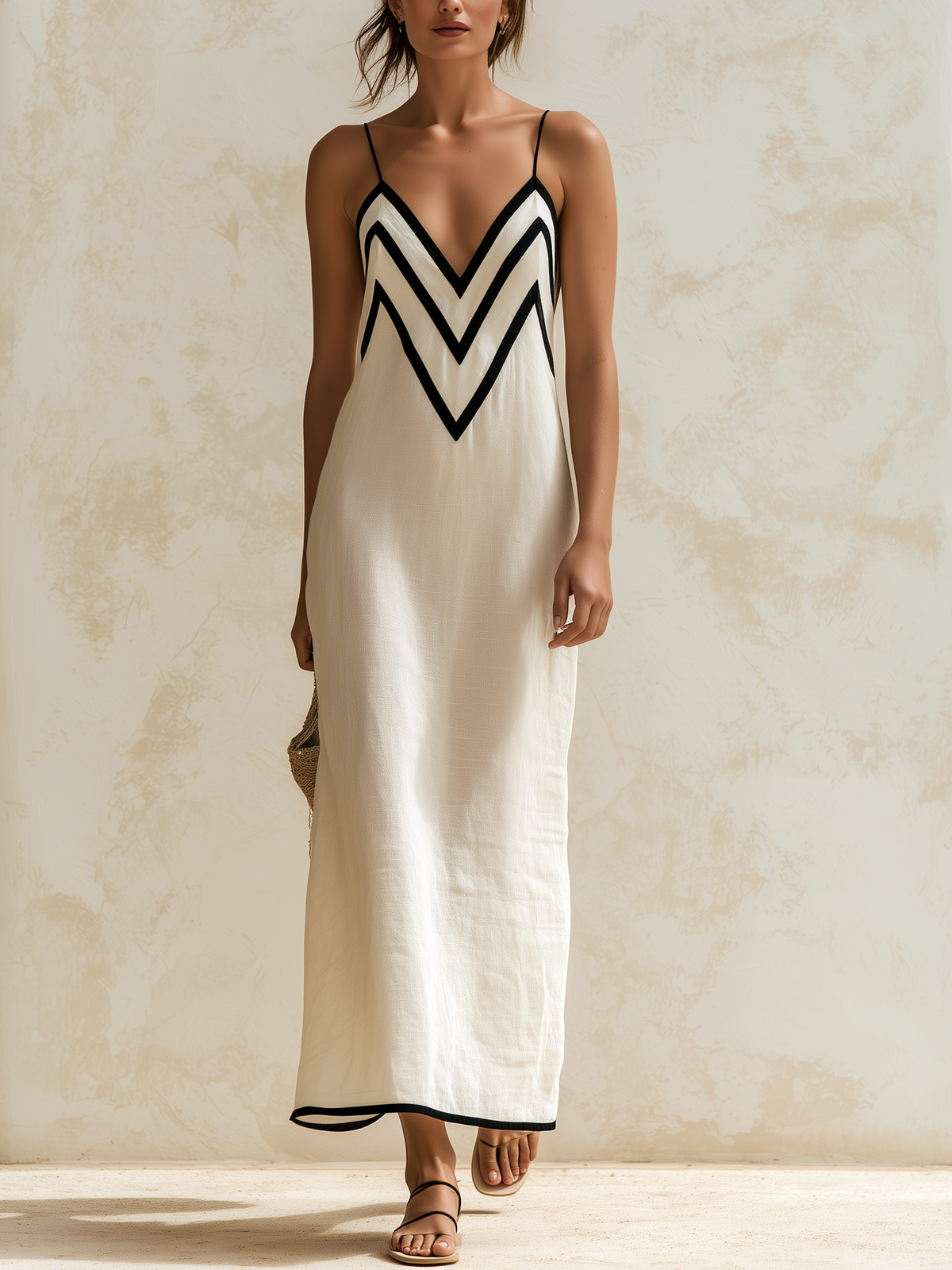 Beige Spaghetti Strap V-Neck Chevron Trim Column Maxi Dress