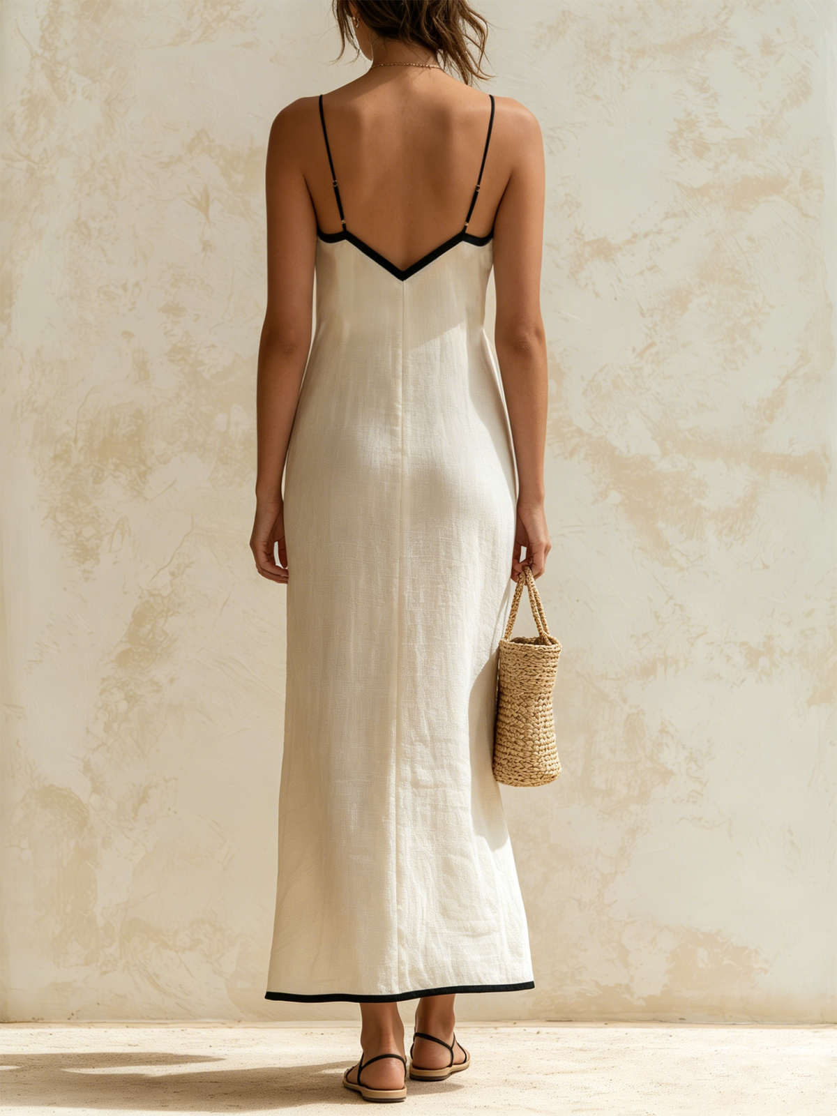Beige Spaghetti Strap V-Neck Chevron Trim Column Maxi Dress 2