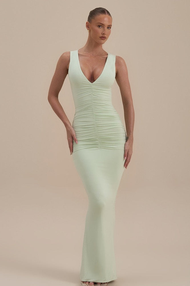 Sleeveless V Neck Ruched Back Slit Bodycon Party Dress