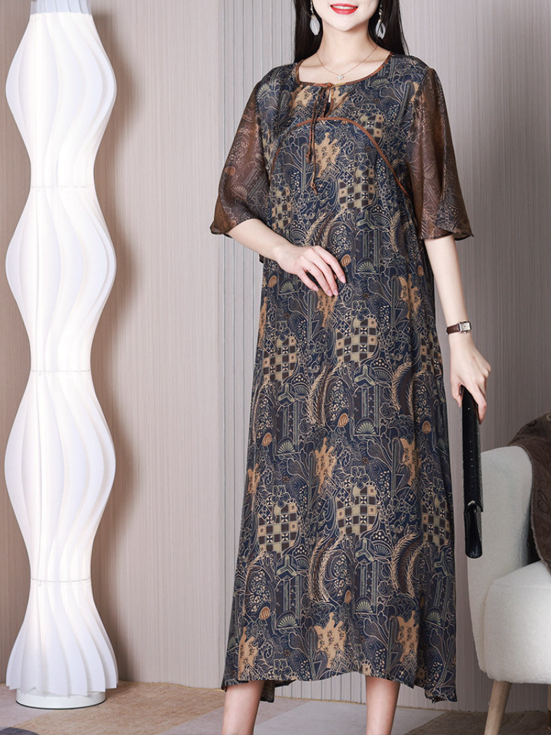 Blue Round Neck Tie Front Floral Print Flutter Sleeve A-Line Midi Dress 2