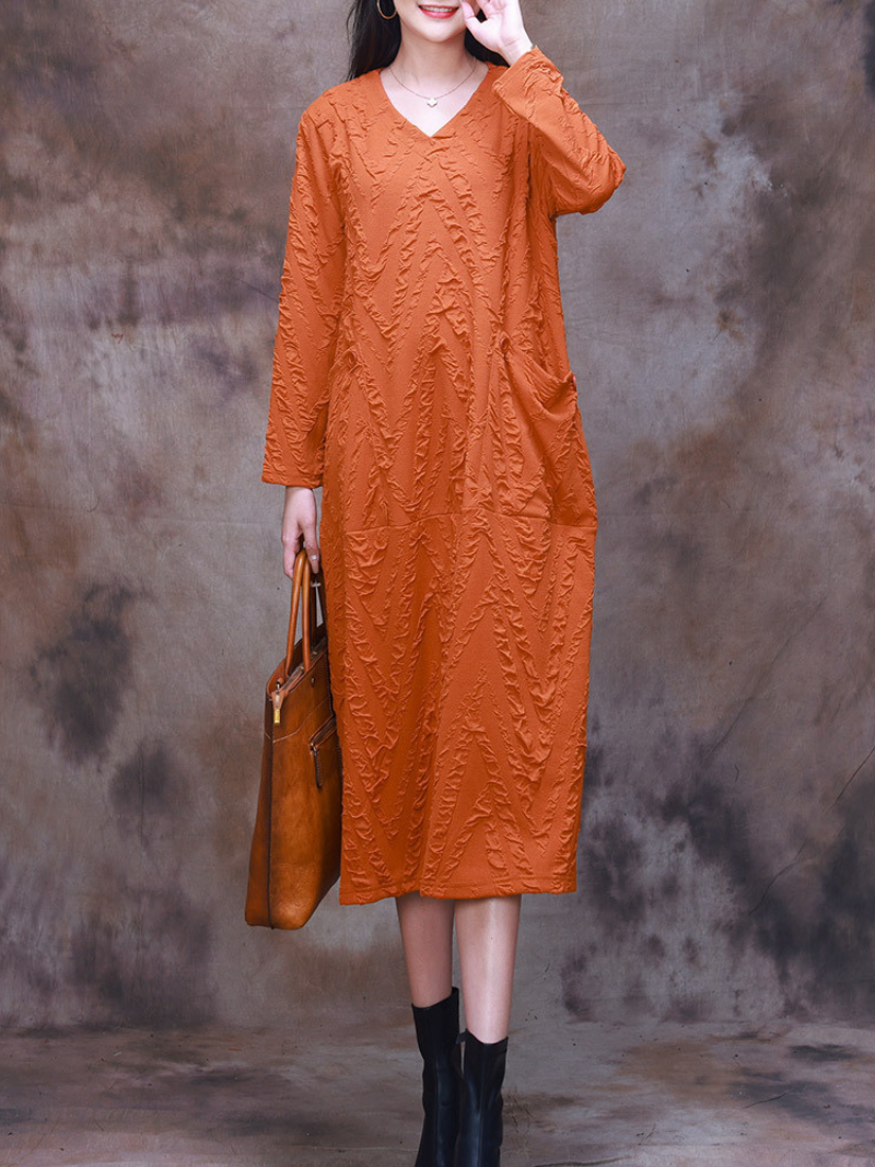 V-Neck Textured Long Sleeve Pocket Loose Midi Dress 3
