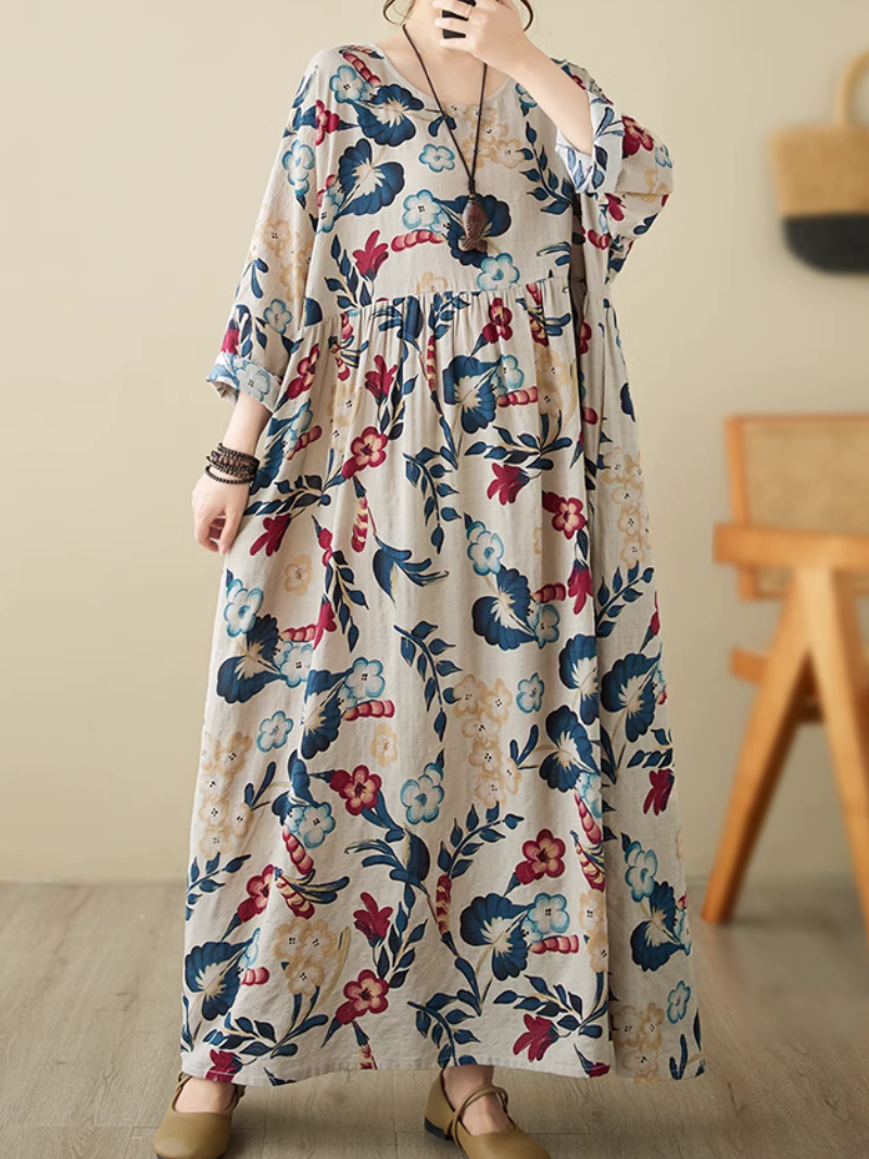 Round Neck Bold Floral Print Smock A-Line Maxi Dress