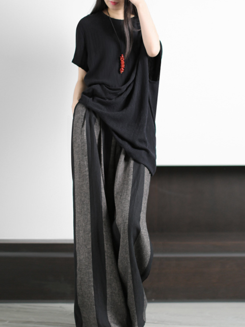 Black Round Neck Short Sleeve Top Striped Wide-Leg Pants Set