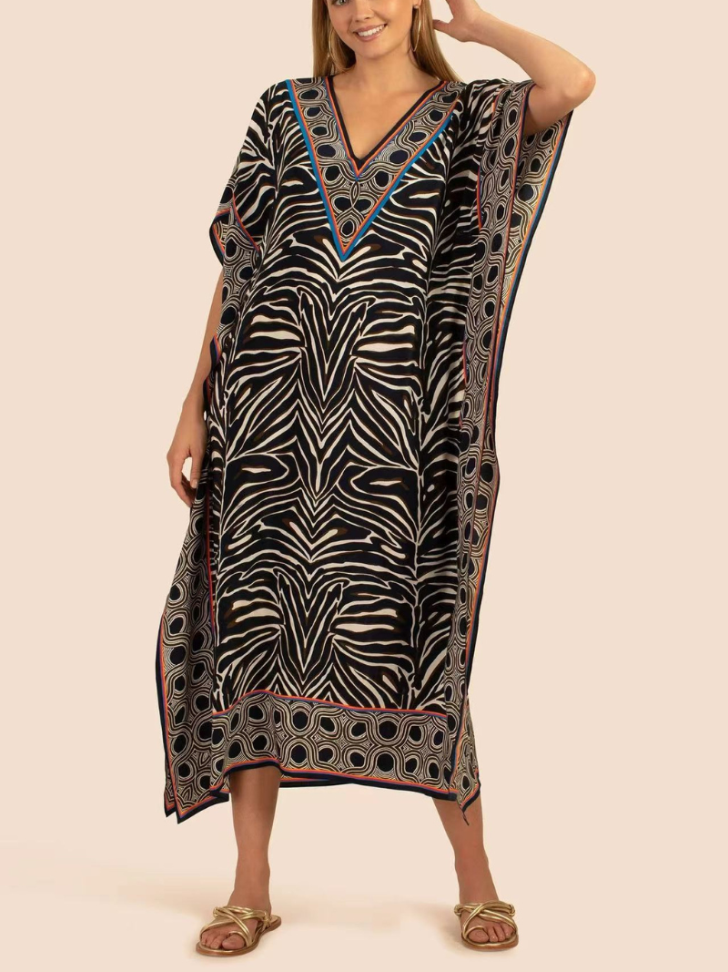 Black V-Neck Animal Print Border Trim Kaftan Maxi Dress 5