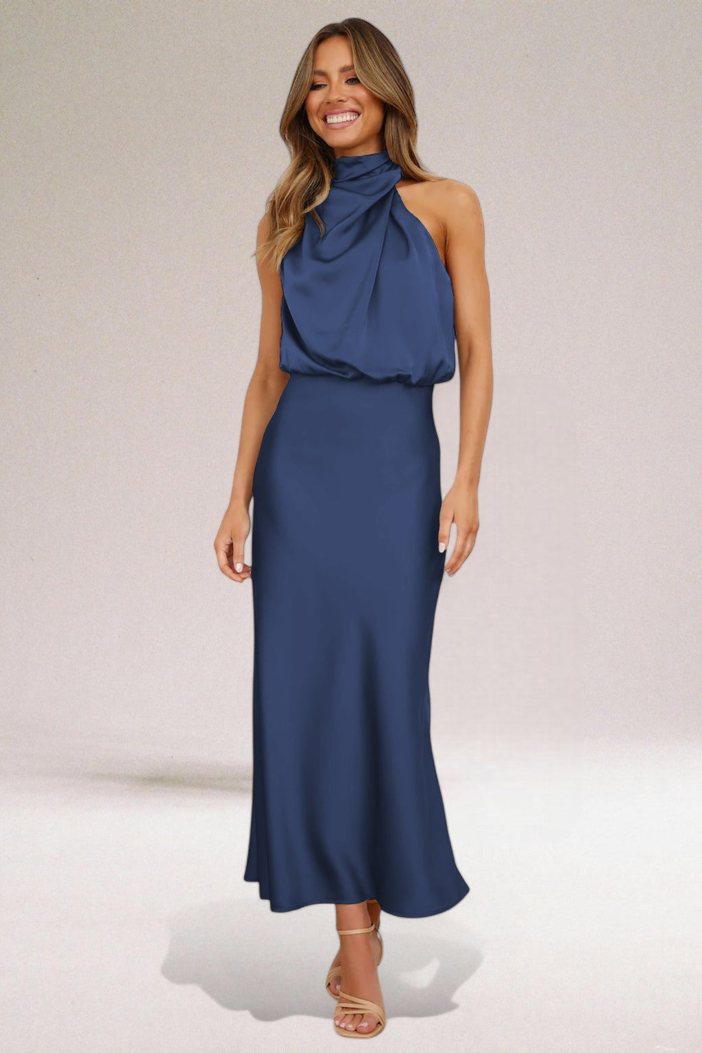 High Neck Satin Draped Cowl Sleeveless Column Maxi Dress 4