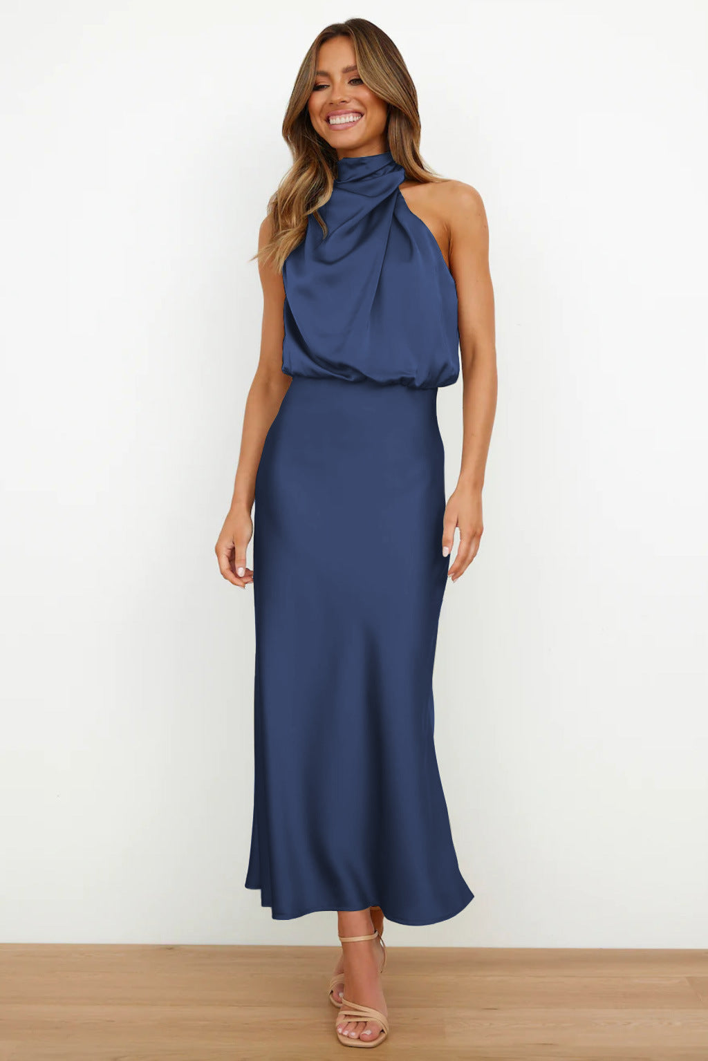 Vanessa Effortless Long Satin Dress with American Neckline Designer Edit