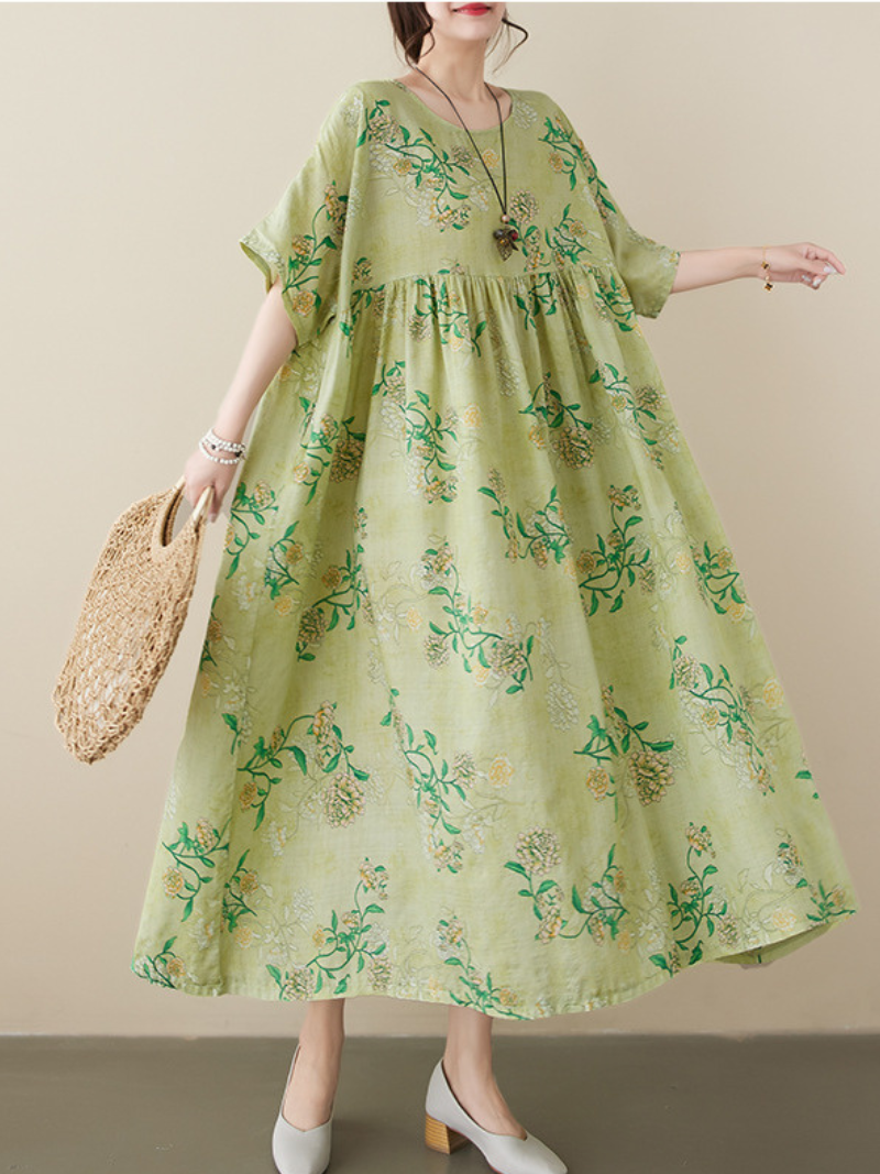 Green Round Neck Short Sleeve Ditsy Floral Smock Midi Dress