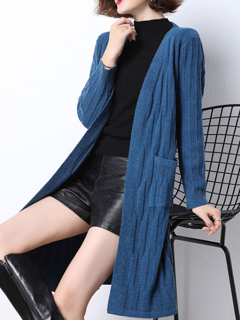 Open Front Ribbed Knit Patch Pocket Long Sleeve Cardigan 14