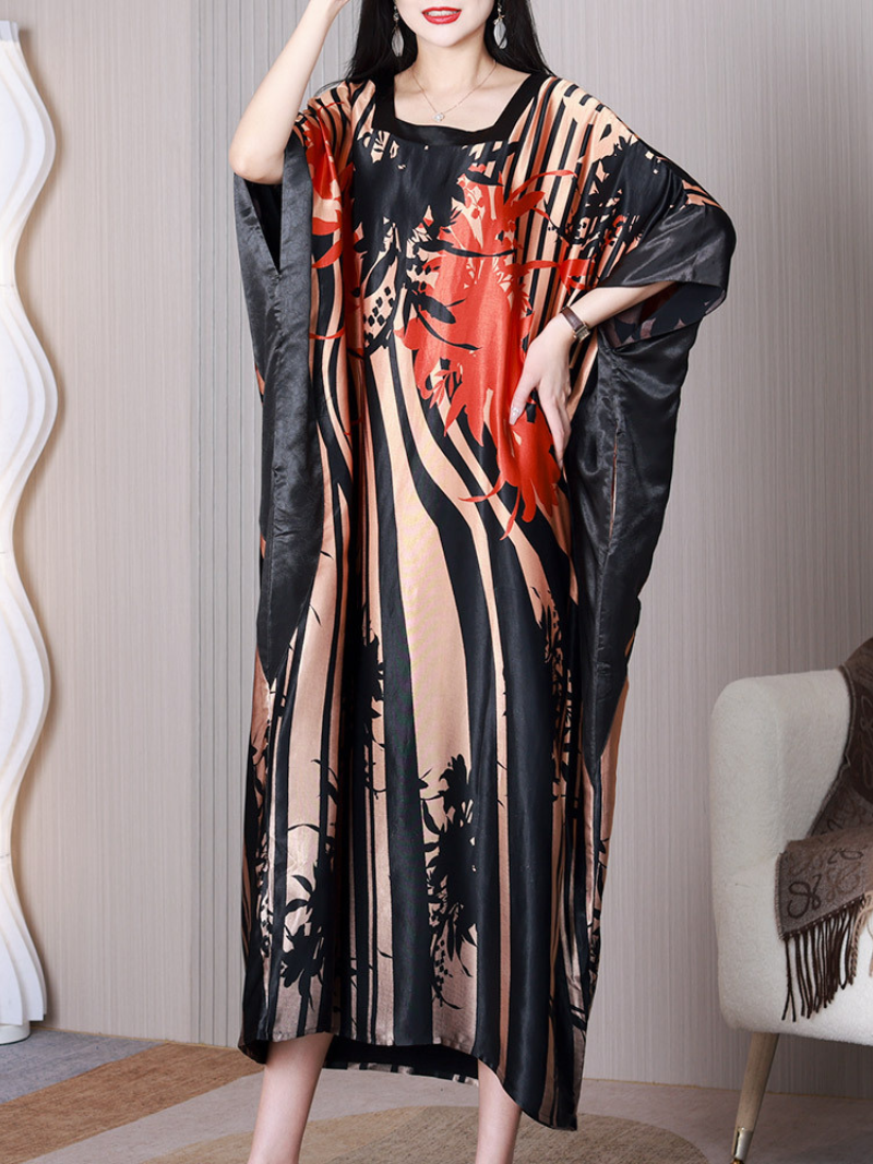 Square Neck Batwing Sleeve Abstract Floral Satin Kaftan Maxi Dress