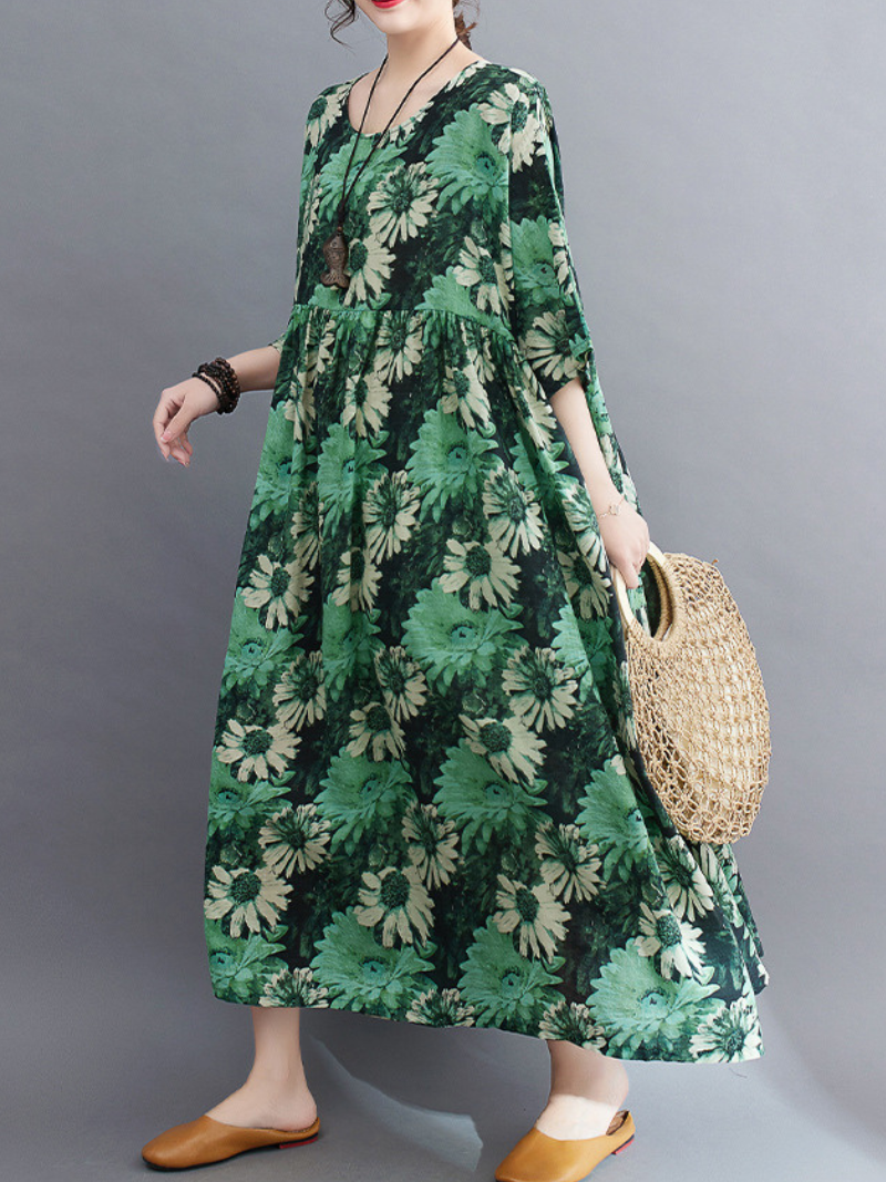 Round Neck Half Sleeve Daisy Floral Print Smock Maxi Dress 3