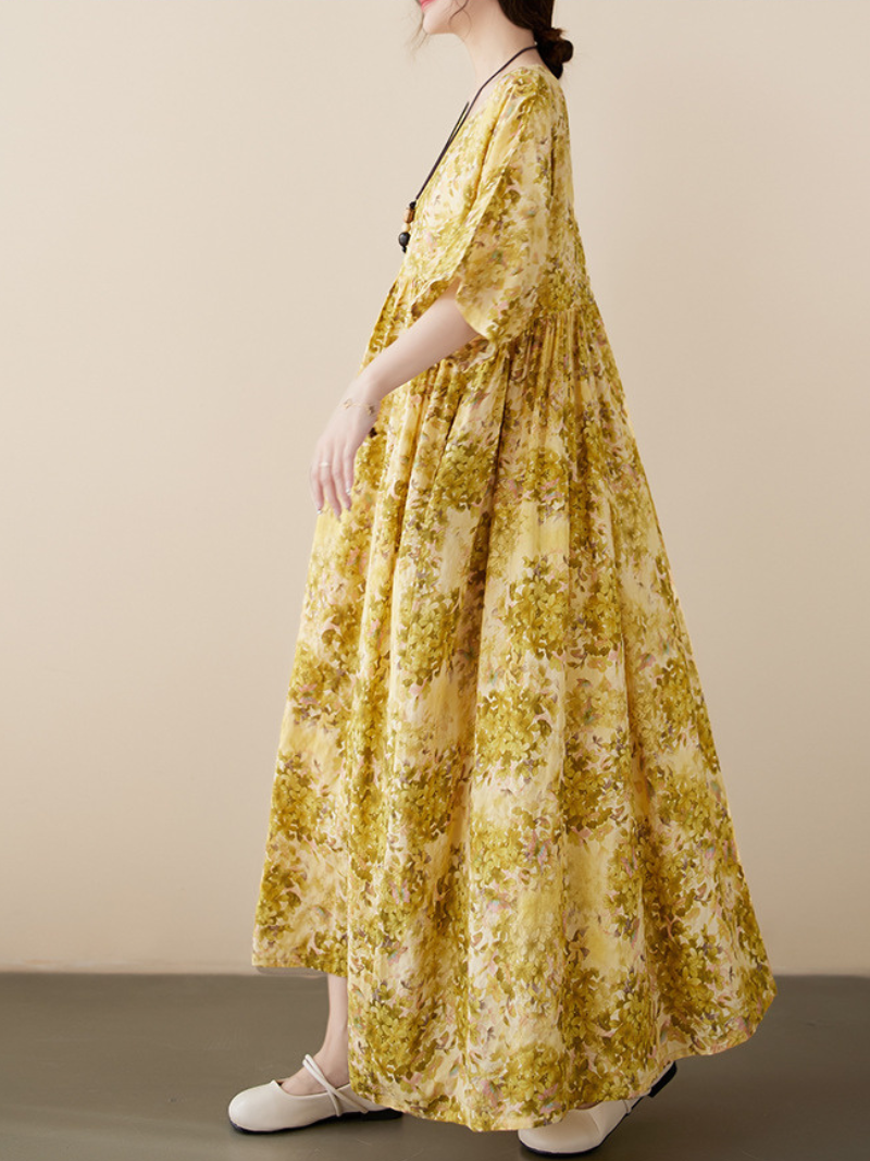 Round Neck Short Sleeve Floral Print Pleated Smock Maxi Dress