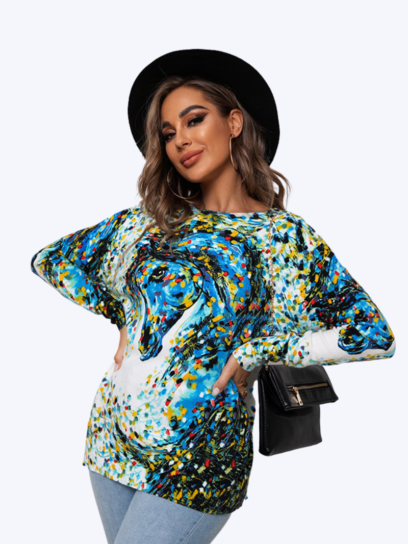 Multicolor Round Neck Abstract Horse Print Batwing Sleeve Loose Pullover Top