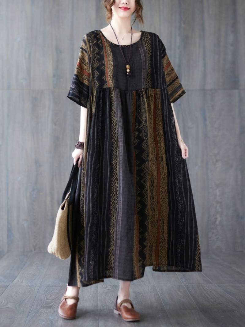 Multi Color Round Neck Ethnic Stripe Print Pleated Smock Cotton Midi Dress