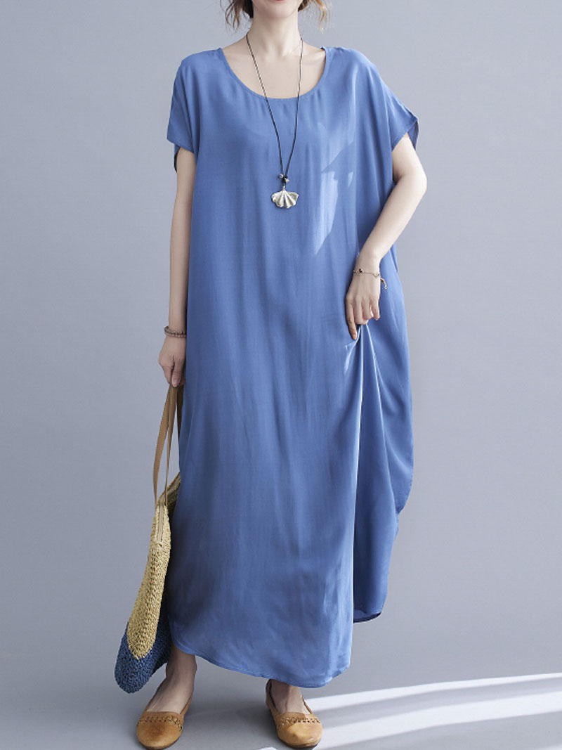 Round Neck Short Sleeve Loose Cocoon Maxi Dress 16