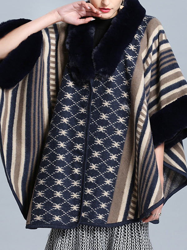 Faux Fur Collar Striped Aztec Print Cape Cardigan 20