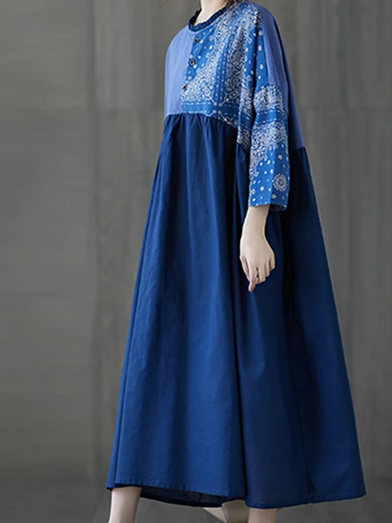 Ruffle Collar Paisley Patchwork Pleated Long Sleeve Smock Maxi Dress