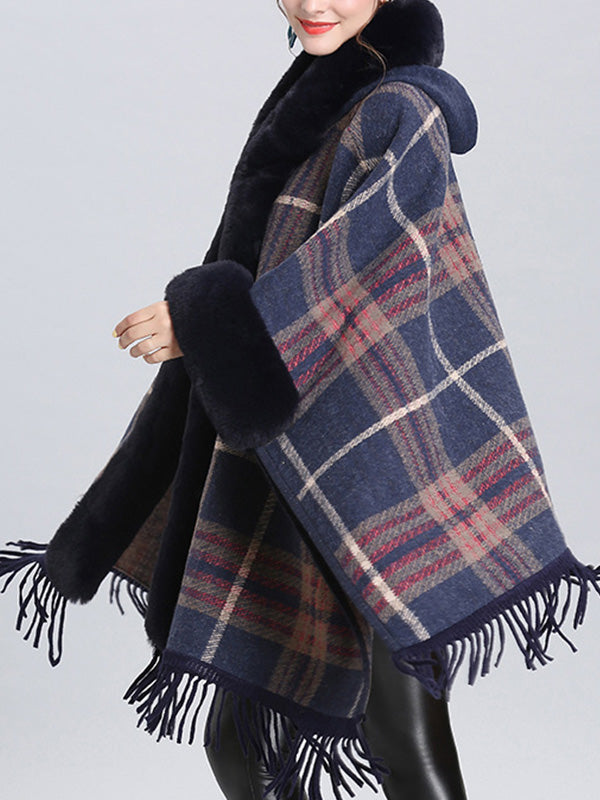 Faux Fur Trim Plaid Tassel Hem Cape Poncho Cardigan