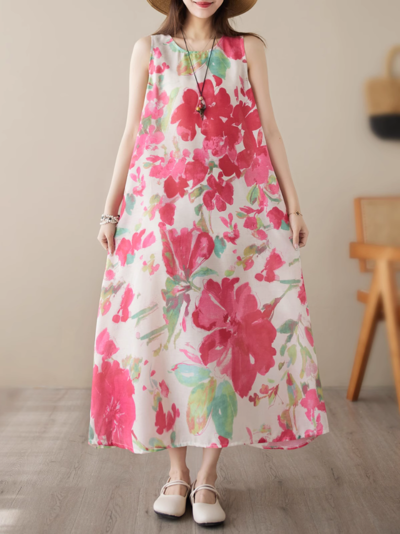 Round Neck Watercolor Floral Print Sleeveless A-Line Midi Dress 3