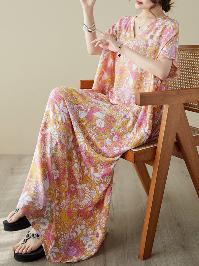 Pink V-Neck Floral Print Short Sleeve Loose Maxi Dress