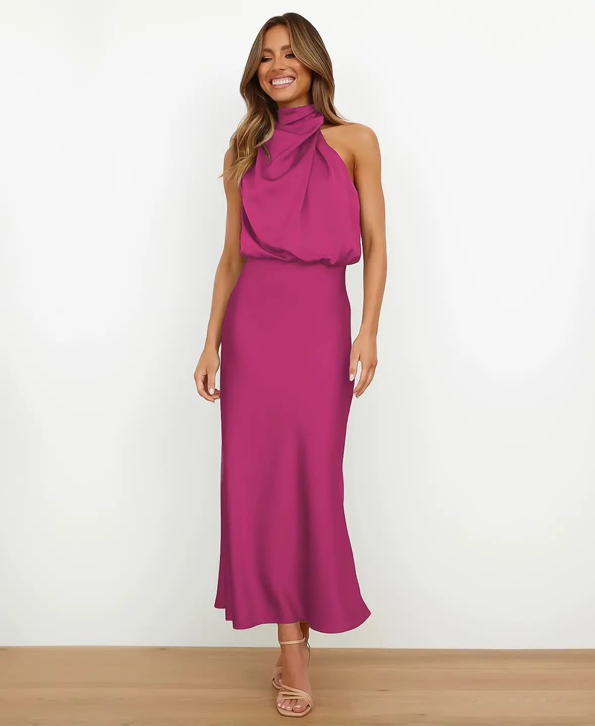 Halter Neck Draped Satin Sleeveless A-Line Maxi Dress 9
