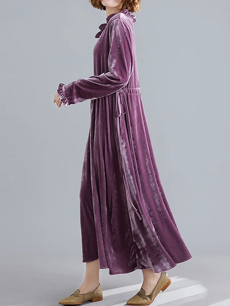 Purple Ruffle Neck Velvet Long Sleeve Drawstring Waist A-Line Midi Dress 3