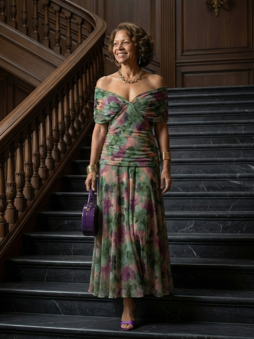 Off-Shoulder Draped Floral Chiffon Ruched A-Line Maxi Dress 20