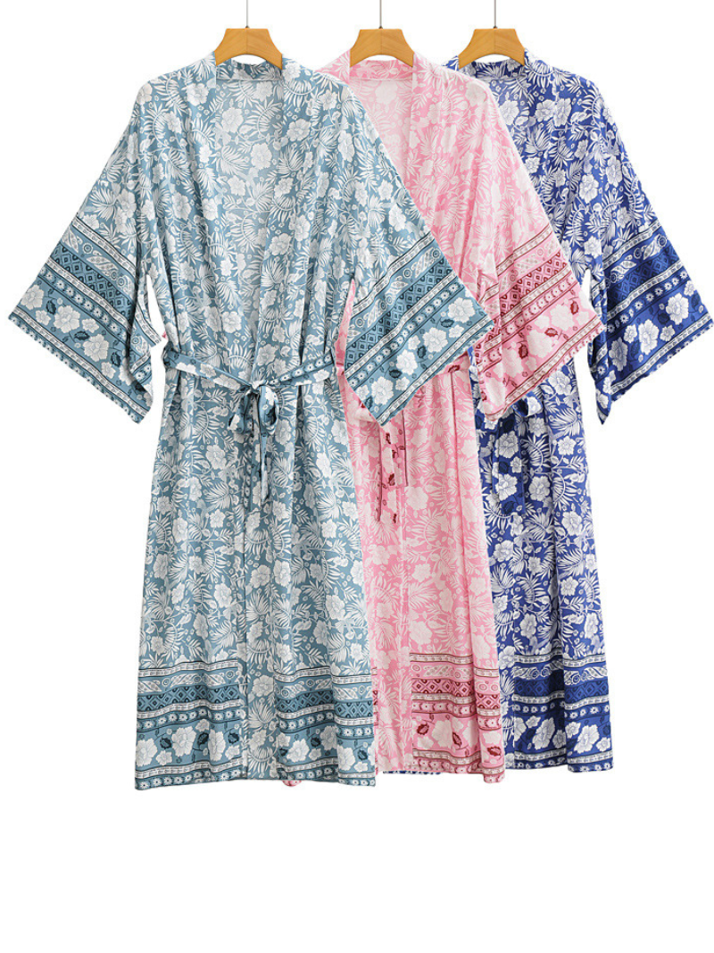 Floral Border Print Bohemian Belted Short Kimono Robe