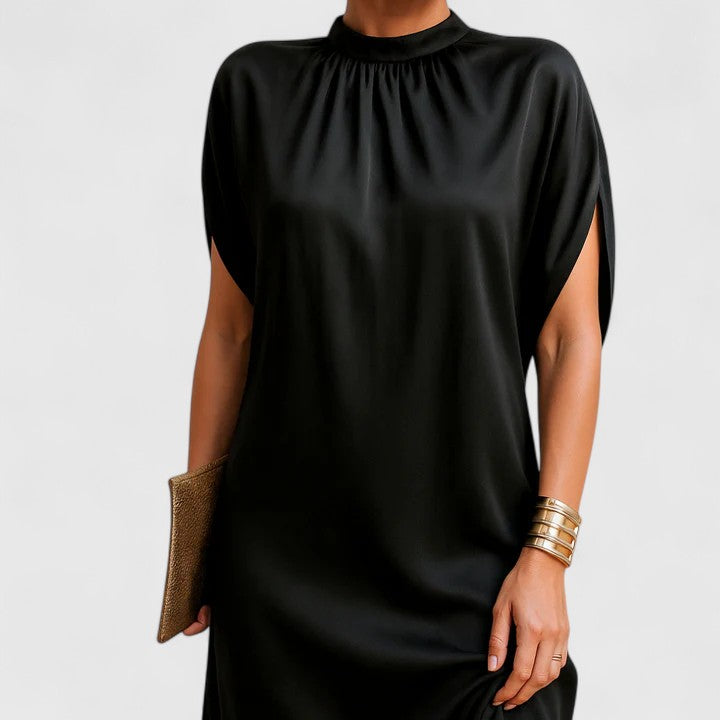 Black Mock Neck Satin Batwing Sleeve Shift Mini Dress 2
