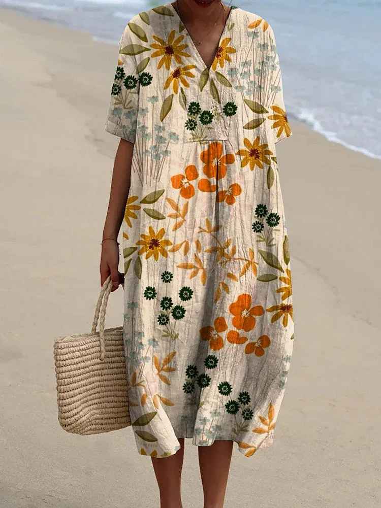 Collar Short Sleeve Floral Print Cocoon Midi Dress