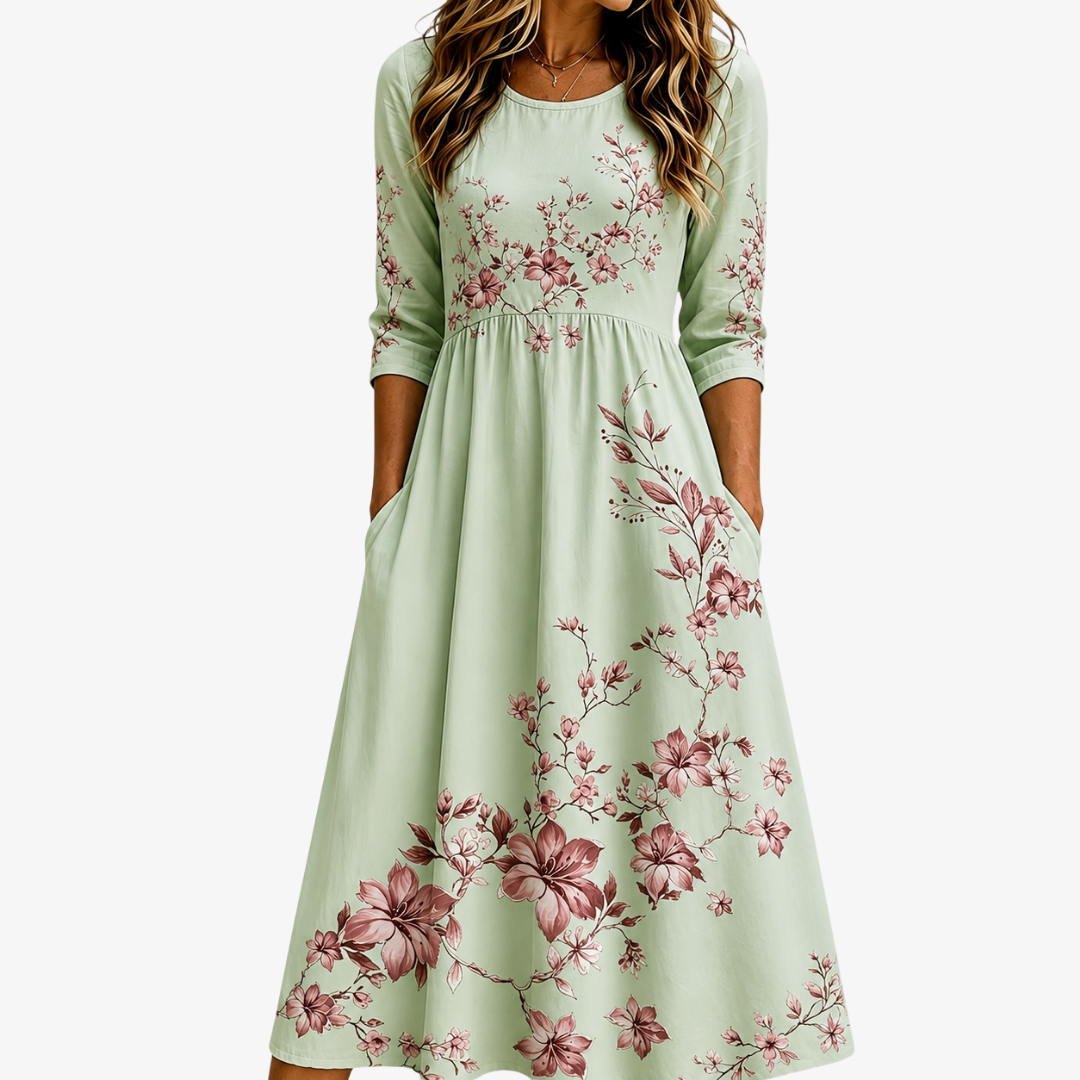 Round Neck Floral Branch Print Three-Quarter Sleeve Pocket Midi Dress