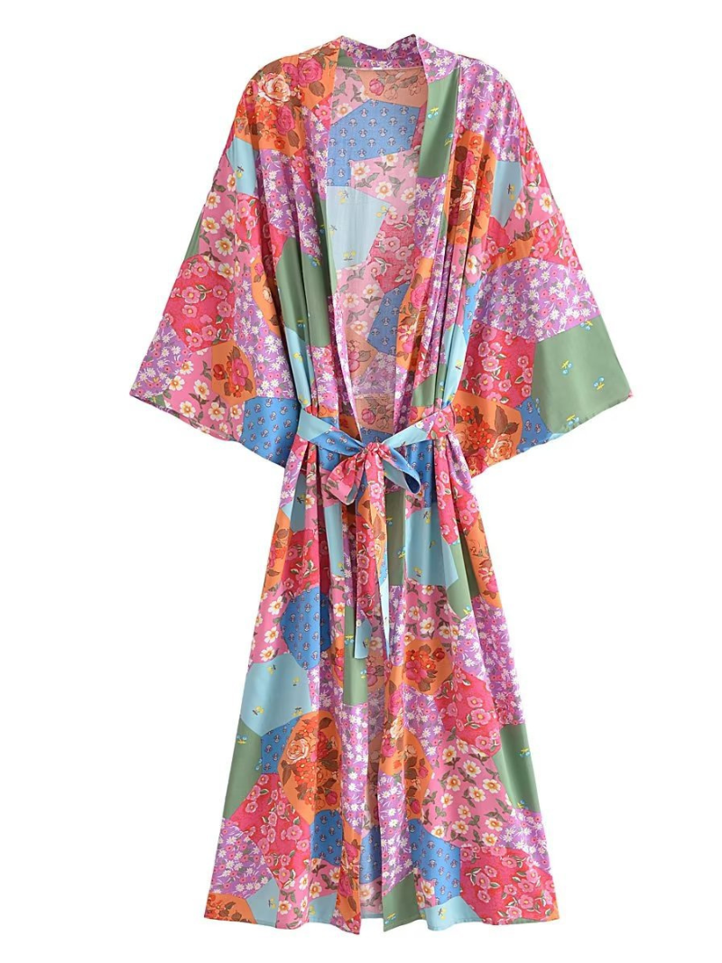 Floral Patchwork Print Belted Long Kimono Robe