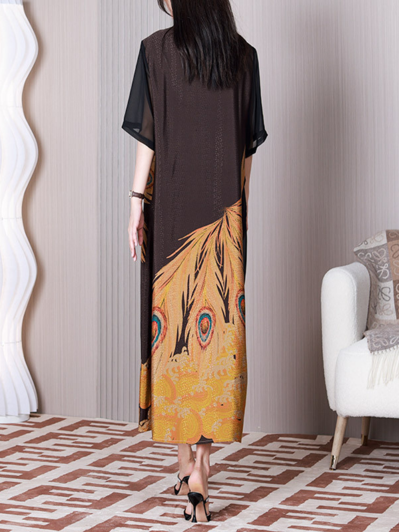Round Neck Half Sleeve Peacock Print Chiffon Midi Dress
