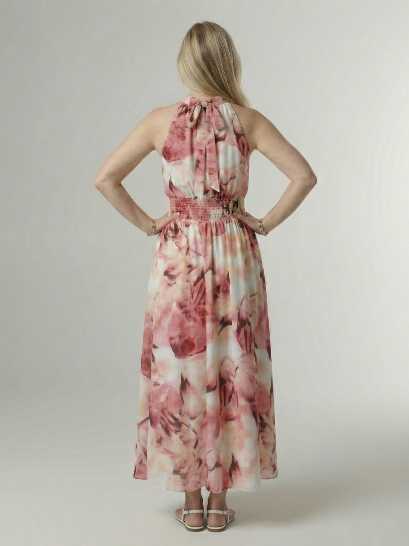 Halter High Neck Sleeveless Tie-Dye Print Shirred Waist Maxi Dress