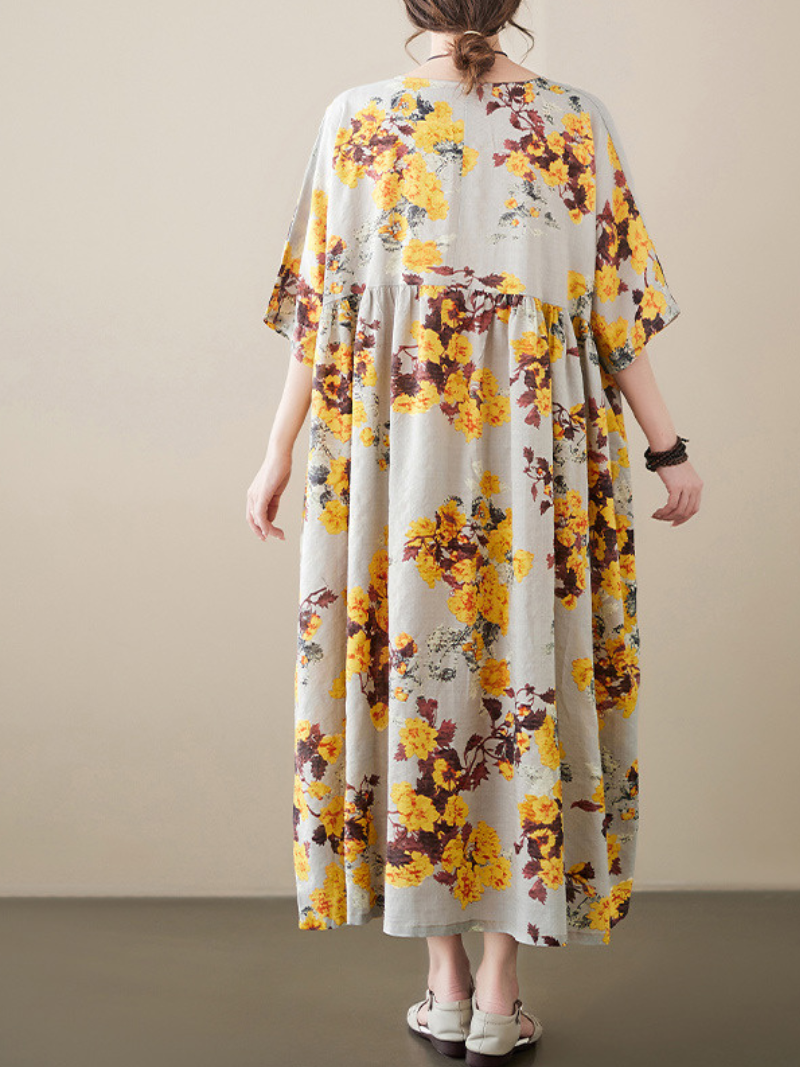 Yellow Round Neck Short Sleeve Floral Smock Loose Midi Dress
