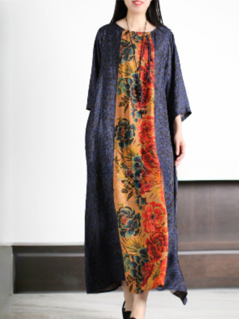 Blue Round Neck Floral Panel Tie Neck Loose Kaftan Maxi Dress