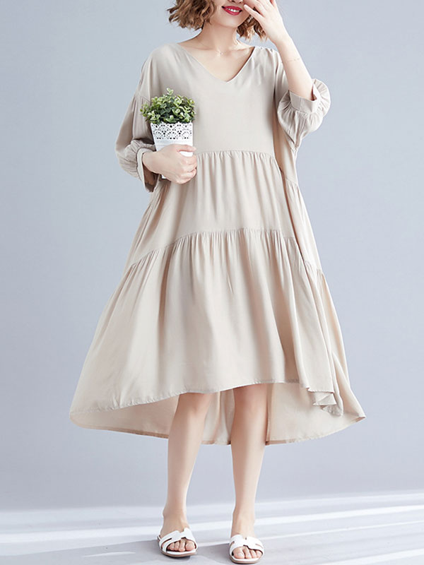 V-Neck Three-Quarter Sleeve Tiered Loose A-Line Midi Dress 6
