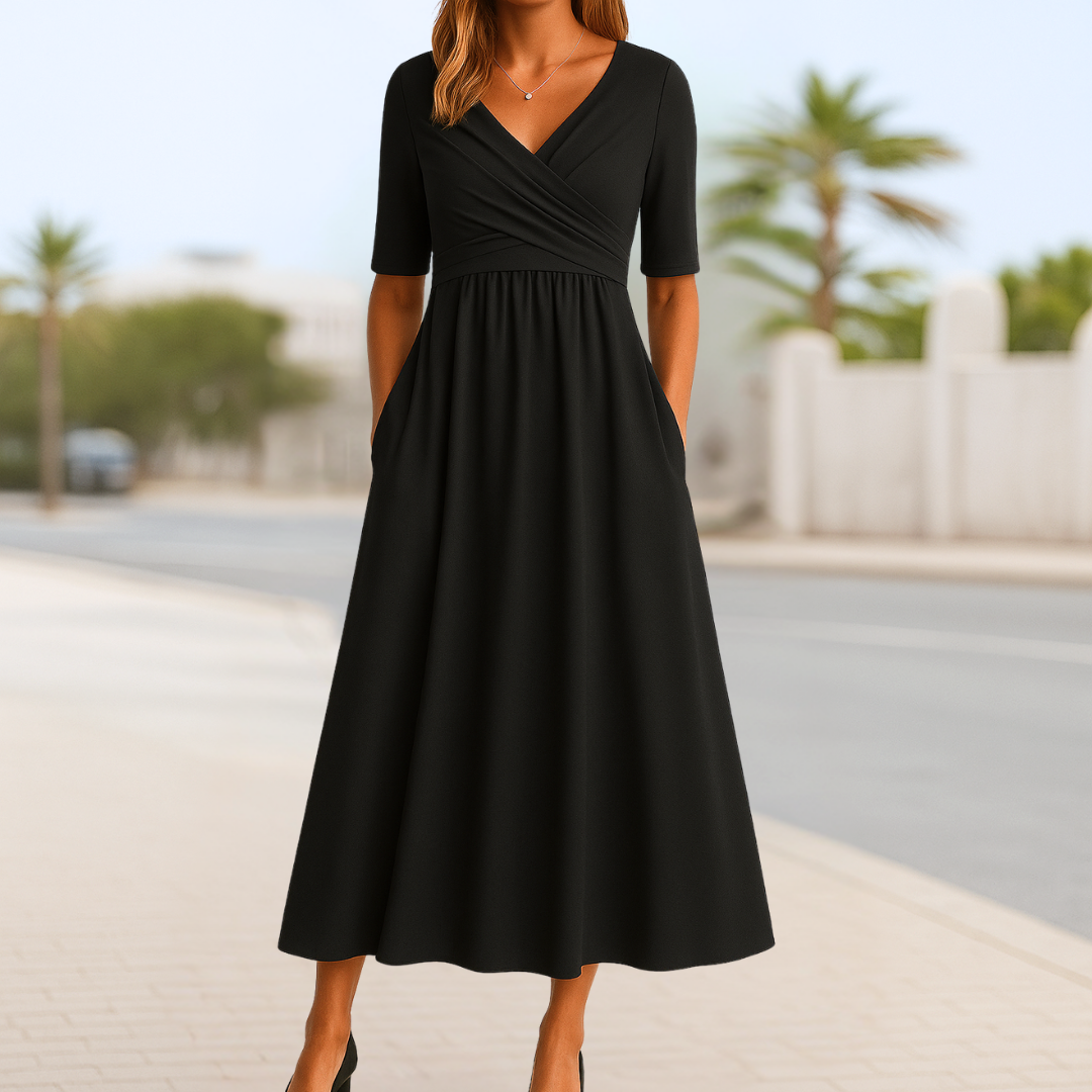 Surplice V-Neck Wrap Bodice Short Sleeve Pleated Waist A-Line Midi Dress 3