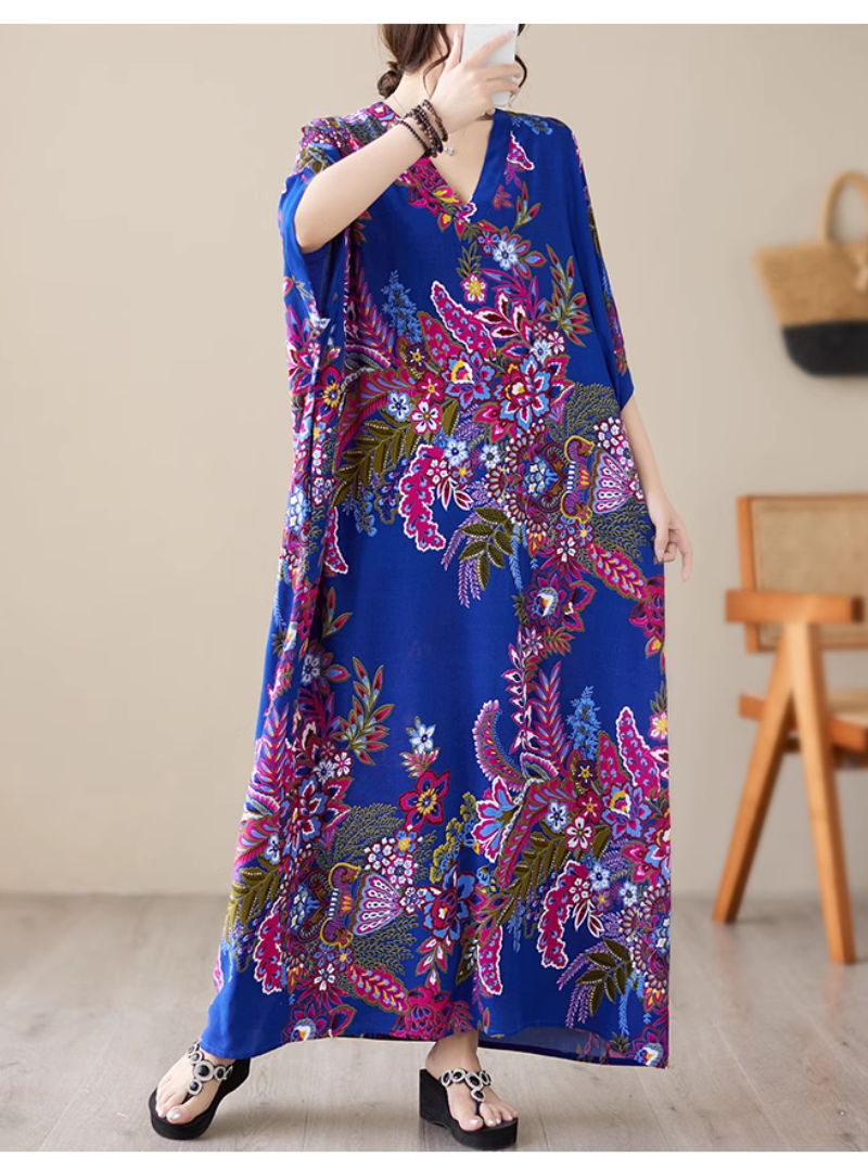 V-Neck Floral Paisley Print Batwing Sleeve Kaftan Maxi Dress 2